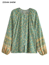 2022 BOHO Light green Flower Print Loose Full Raglan Sleeve Shirt Holiday Women Single-Breasted Button Blouse Beach Cape Tops