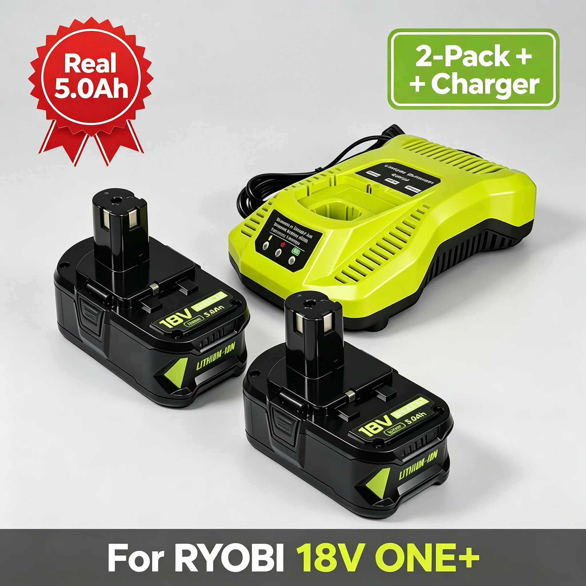 For RYOBI 18V 5.0Ah Real Capacity Li-ion Battery 2-Pack with Charger Replacement for P102 P103 P104 P107 P108 P109 RB18L20