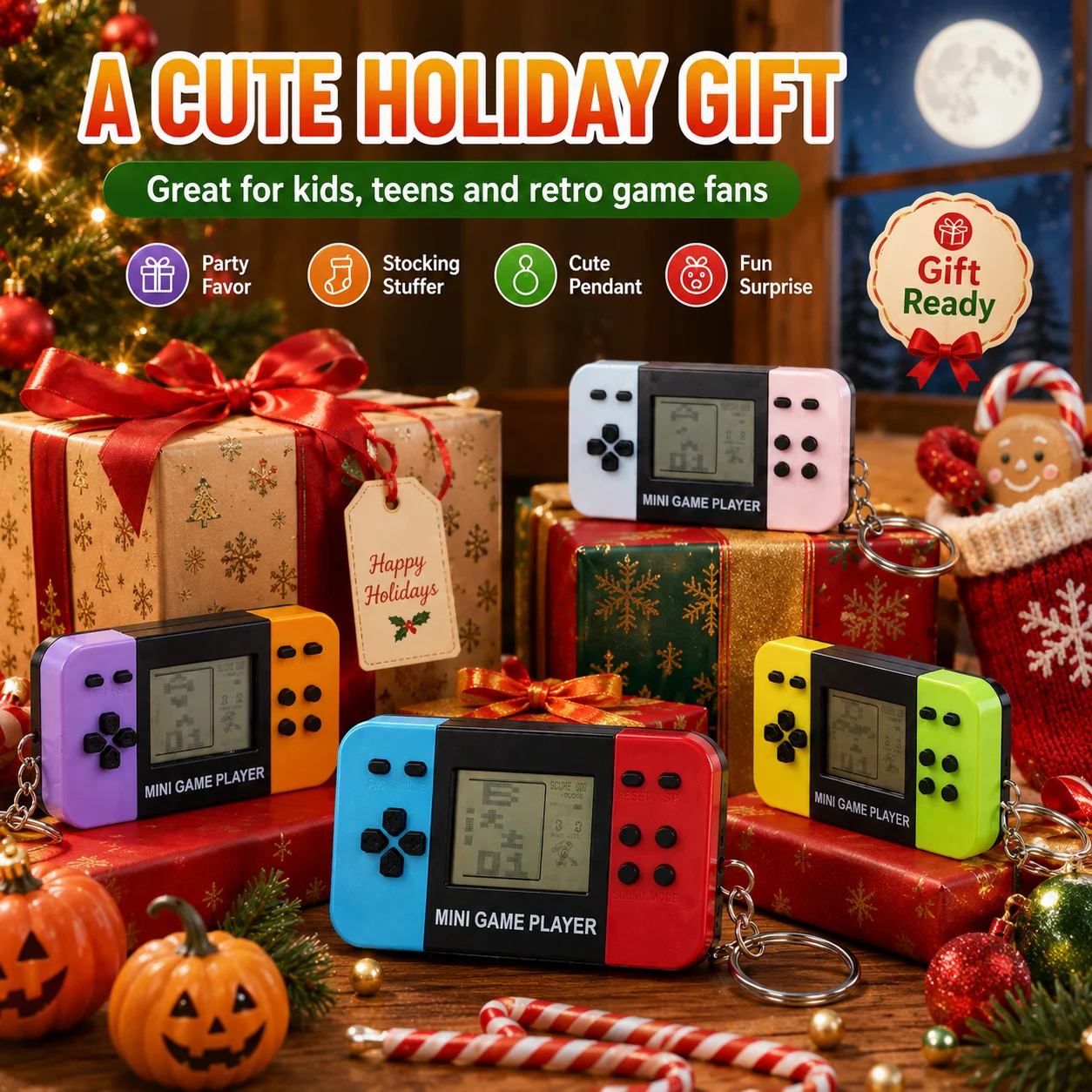 Keychain Videogames Mini Handheld Game Console Backpack Keychain Blue Retro Game Console with Bells Keyring