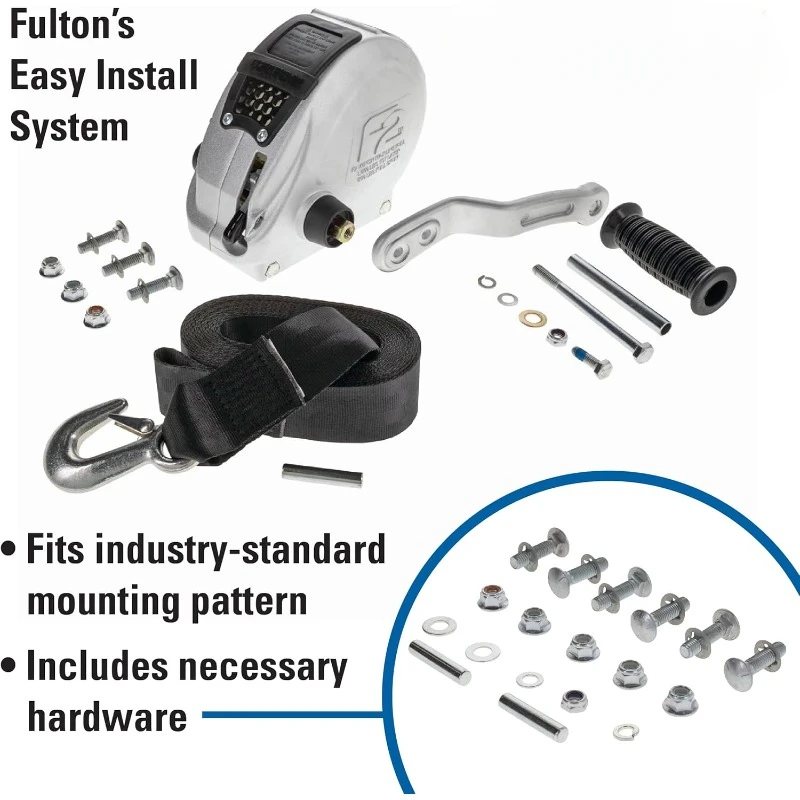 Boat Trailer Winch with 20 Foot Winch Strap with Hook, 1,600 lbs. Capacity, Single-Speed Hand Crank Winch, Dual Gear Drum System