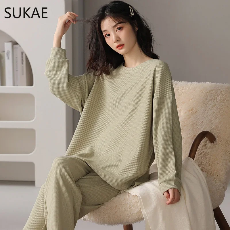 SUKAE Waffle cotone coreano stile minimalista donna pigiama primavera autunno maniche lunghe Lady Sleepwear Kawaii girocollo Homesuits