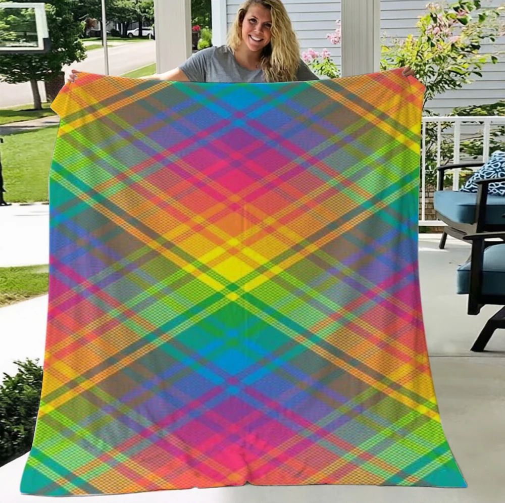 Rainbow Plaid Blanket Colorful Soft Flannel Cozy Warm Throw Blankets for Sofa Bed Geometric Dopamine Decor All Season