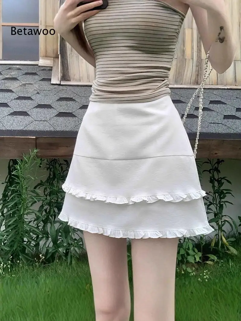 Women Plus Size Korean Style High Waist Double Layer Ruffle Mini Skirt Slim Fit New Arrival Casual Short Skirt