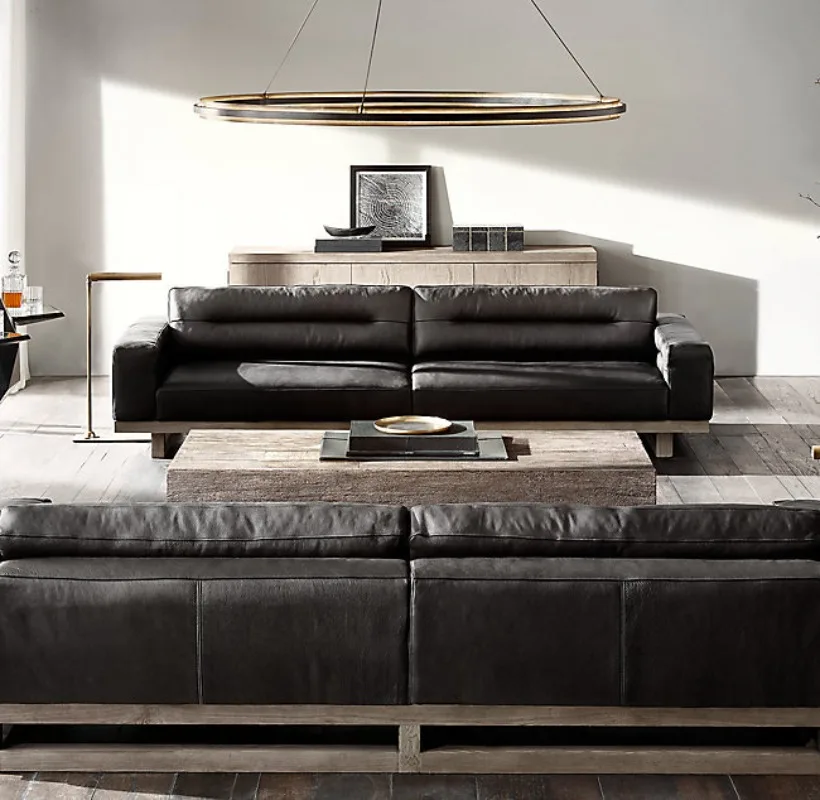 Minimalist modern solid wood single sofa American country retro home cowhide three-person sofa