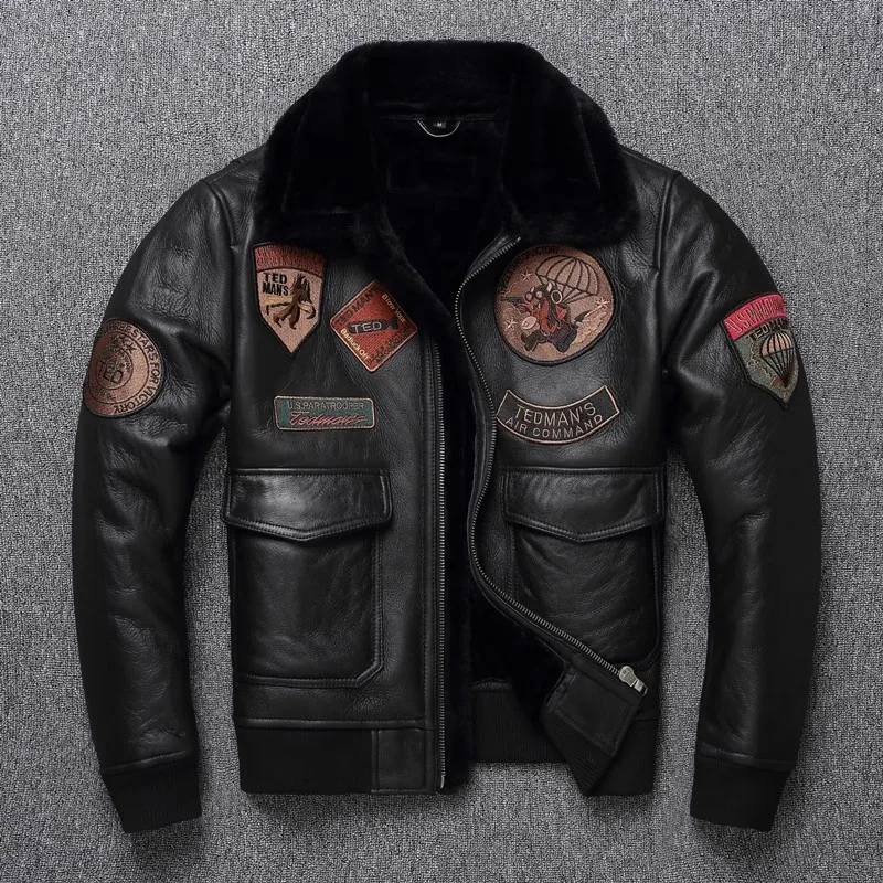 

Men's Winter Thiened eepskin Leather Jaet Flight Suit Coat Warm Lamb Fur Outerwear Slim Fit Faion Urban Sle