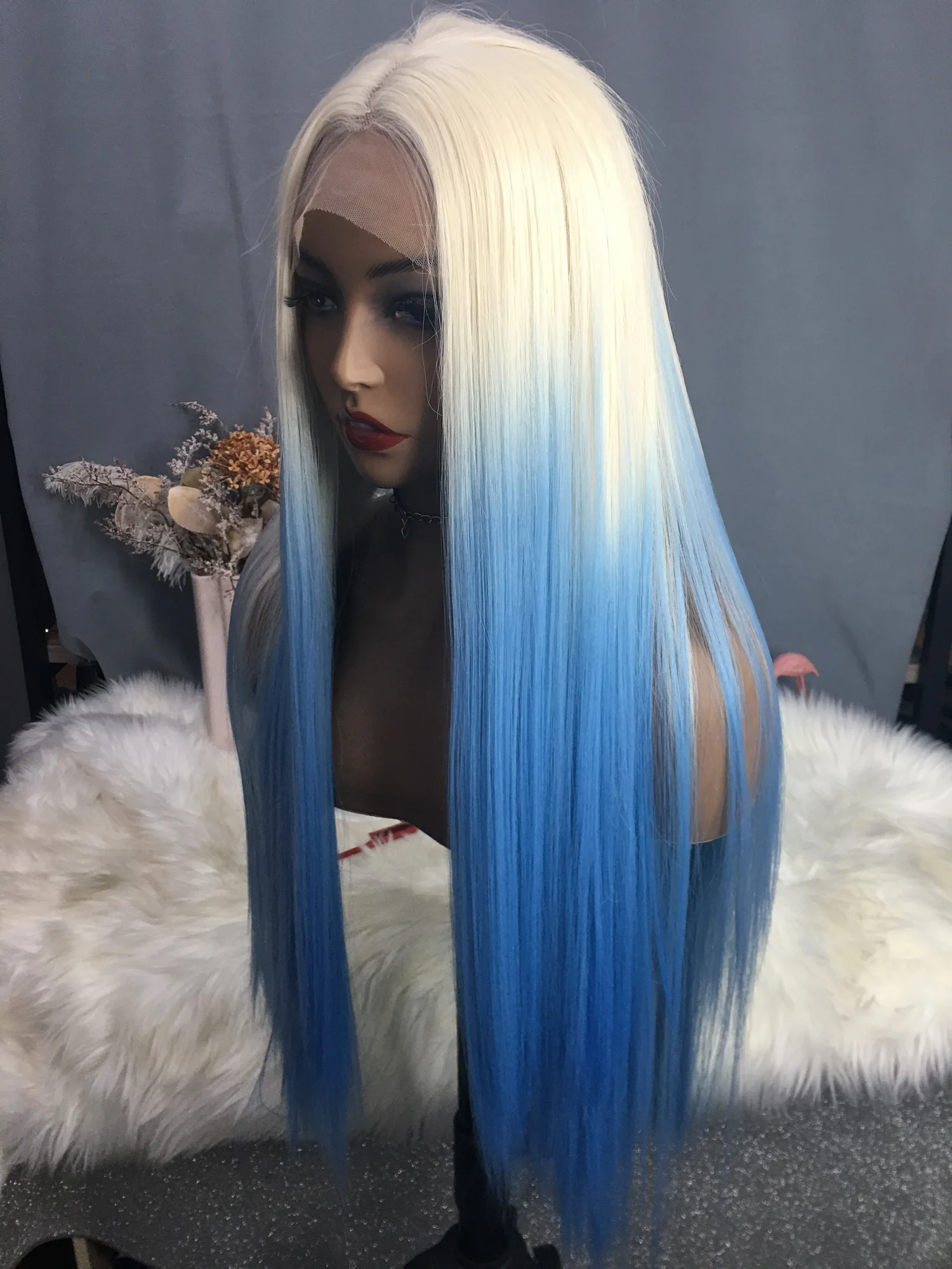 

13x4 lace synthetic long straight tube blue gradual change honey blonde women's wig without gel heat resistant dragqueen cosplay