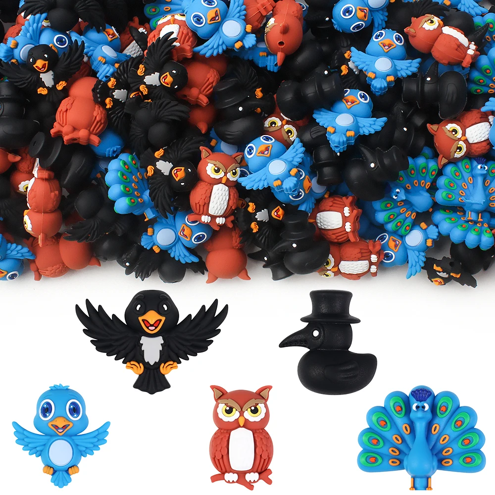 5/10/20/50PCS 3D Bird Silicone Beads - Peacock,Crow, Blue bird , Black bird & Owl ,Bird Series Focal Beads For Jewelry Making