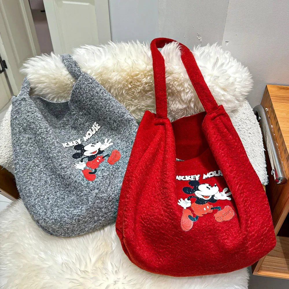 

Disney Cute Wool Handbag Shoulder Messenger Bag Mickey Mouse Lamb Wool Handbag Women Large Capacity Travel Fashion Storage Bag