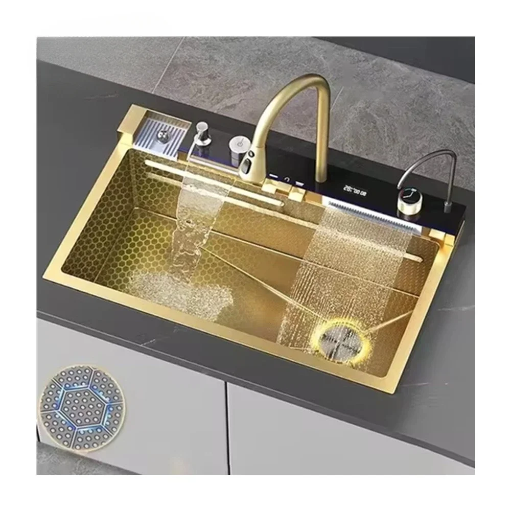 New Trend Gold Two Waterfall One Piece Faucet Nano 304 Sus Waterfall Faucet  5 Piano Key Golden Farmhouse Kitchen Sinks