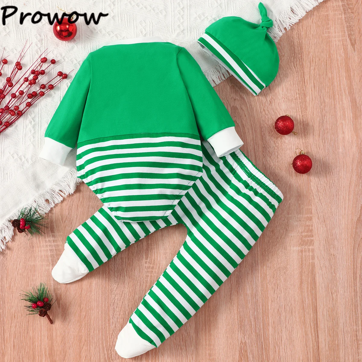 Prowow Baby Christmas Outfits Cartoon Deer Bodysuit and Stripes Footies Pants+Xmas Hat My First Christmas Baby Costume Boys Girl