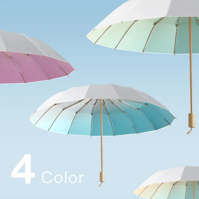 16 Bone Tri-fold Parasol Titanium Silver Sunscreen Umbrella UV Protection Fashion Gradual Change Rain and Shine