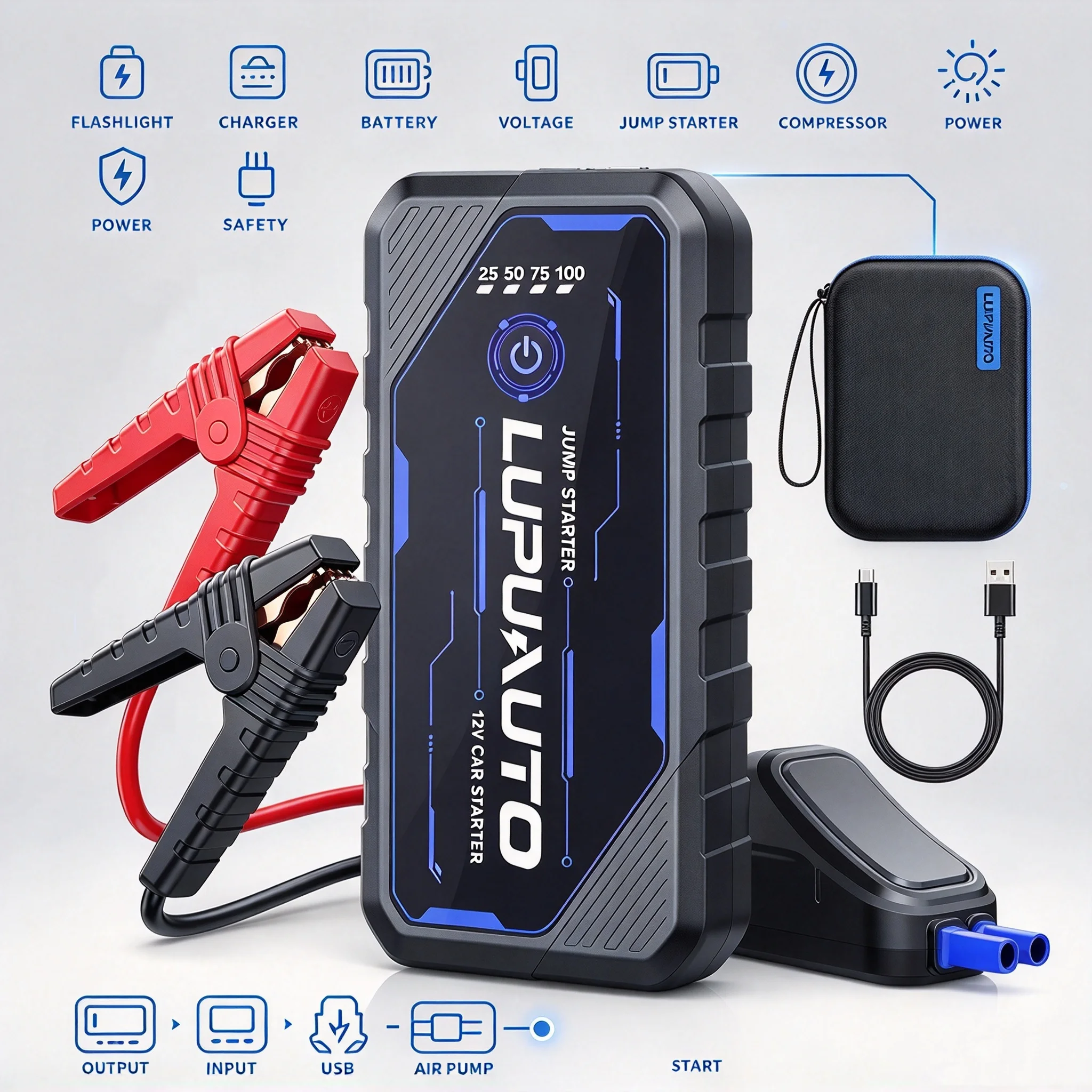 Car Battery Jump Starter Digital Display Portable Car Battery Booster Charger 26800mAh Power Bank Emergency Battery Booster Equipped Fast Wireless Charging Jump Starter Battery Pack