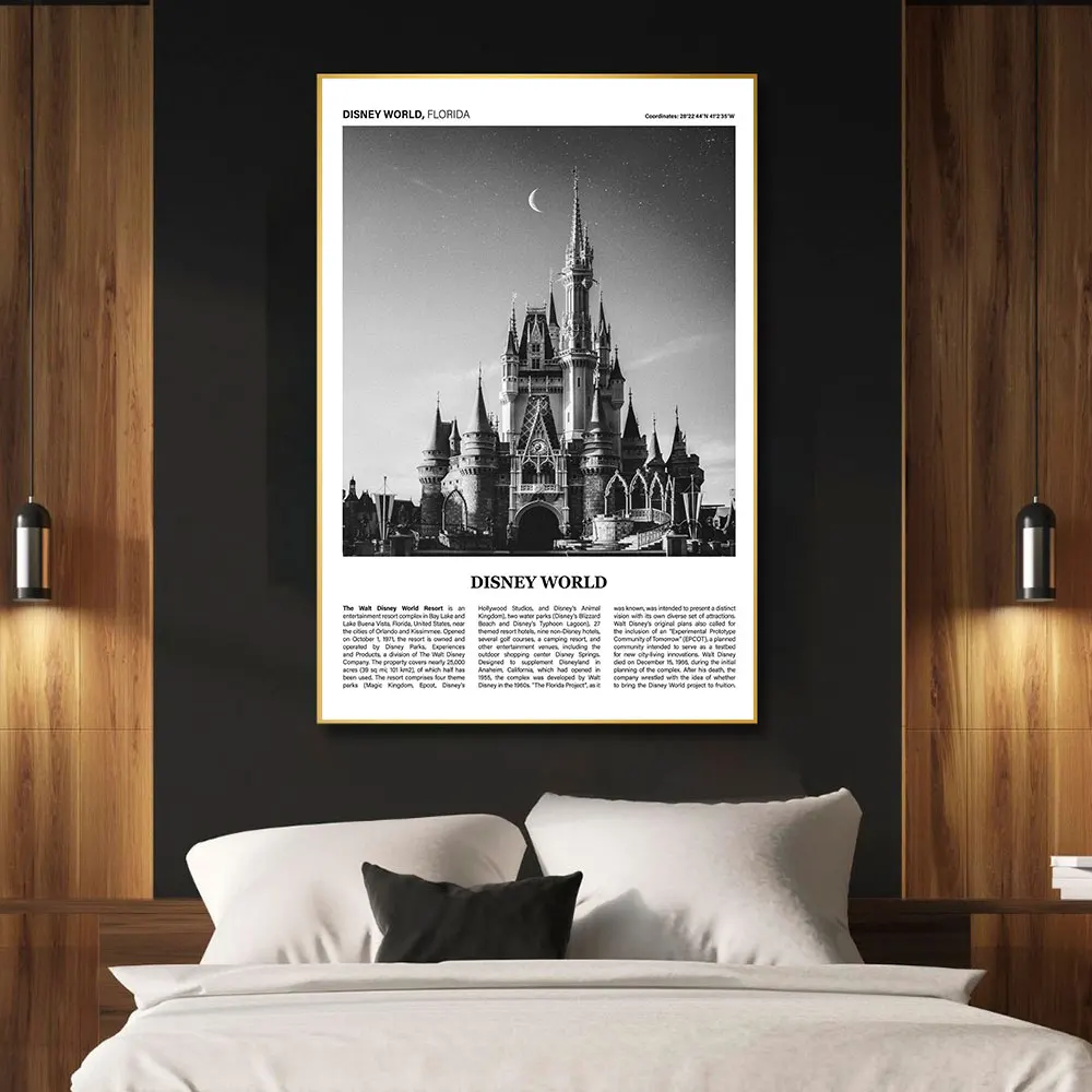 Disney World Black and White Canvas Painting Decorative Disneyland Photo Poster Wall Art for Lving Room Interior Home Decoration