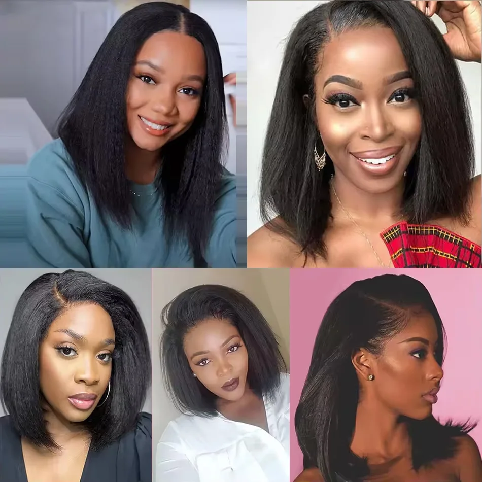 14インチボブウィッグ人毛縮れストレート13x4レースフロントウィッグナチュラルブラック透明レースフロントウィッグ女性用200密度