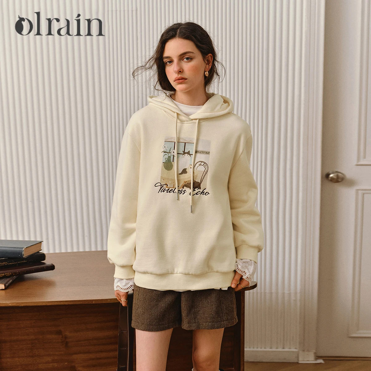 

OLrain Women's Casual Hooded Sweatshirts 2025 Autumn New in Long Sleeve Loose Fun Print Tops Knitted Female Pullover O57QR001101