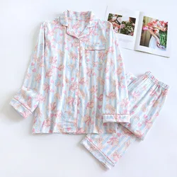 2024 New Spring and Autumn Women's Pajama Set 100% Cotton Knitted Cute Loose Long sleeved Pants Two piece Home Furnishing Set