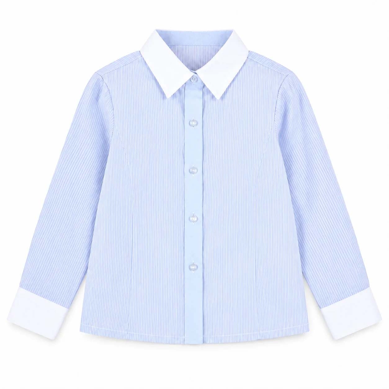 Kids Long Sleeve Striped Shirt Contrast White Collar Cuff Button Placket Slim Fit Woven Fabric School Uniform Blouse