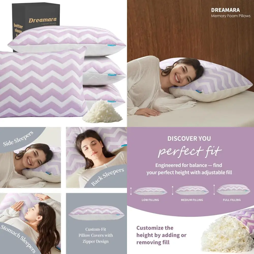 

Queen Size Cooling Pillow Set - 4 Adjustable Memory Foam Pillows for Side, Back Sleepers, Breathable Support for Hot Sleepers (M