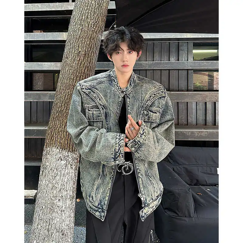 

Vintage Washed Biker Denim Jacket for Men, Distressed American Motorcycle Style Coat