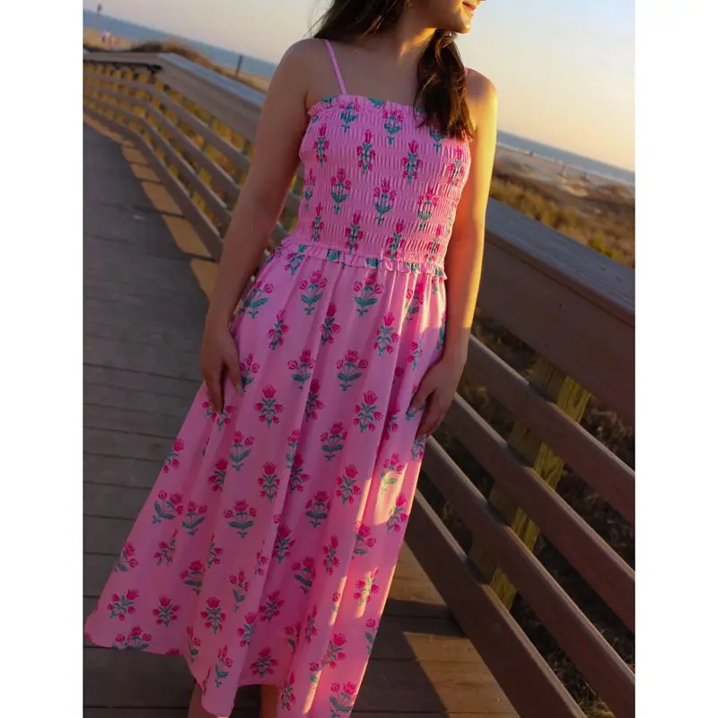 Combhasaki Women Summer Thin Spaghetti Strap Dress Floral Print Ruffled Trim Smocked Sleeveless Square Neck A-line Long Dress