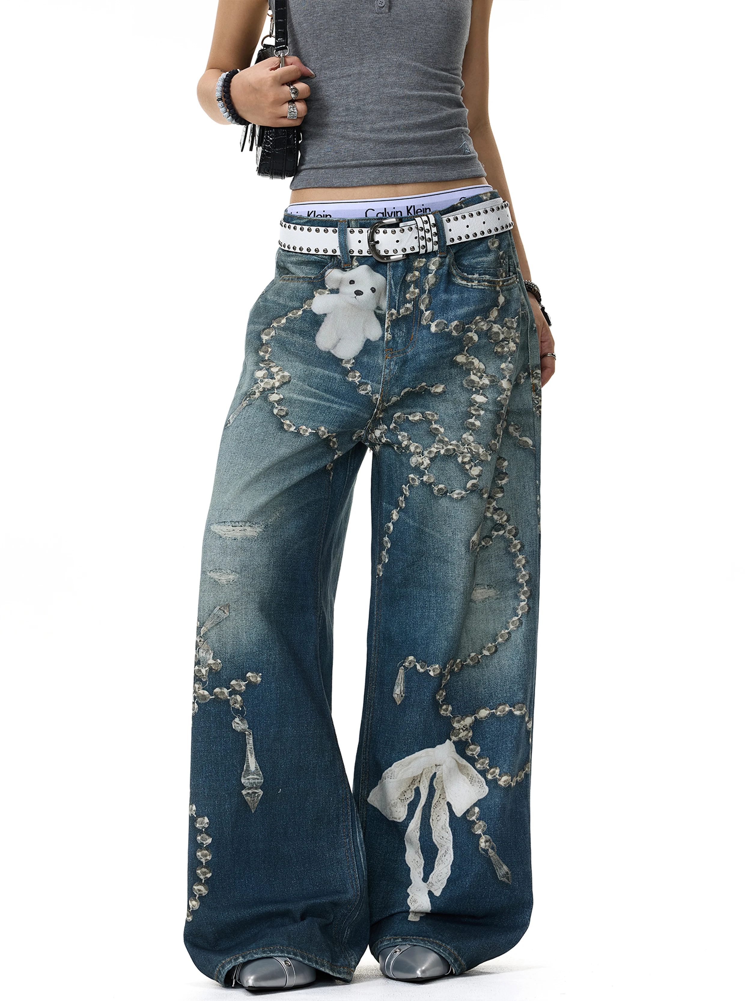 Retro American Creative 3D Chain Print Straight Leg Jeans Unisex Loose Casual Wide Leg Long Trousers Trendy Cotton Denim