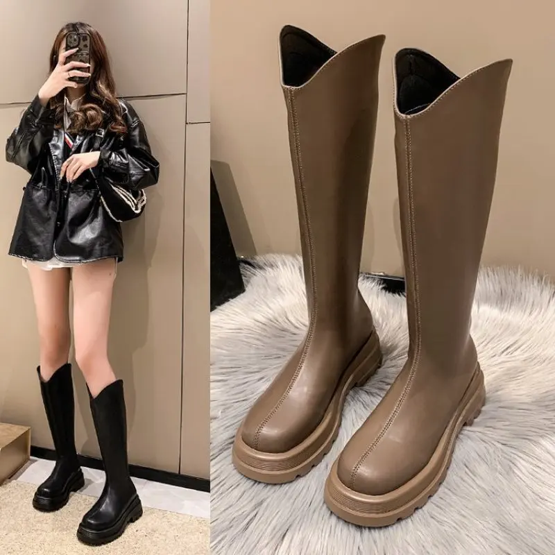 V-shaped Long Boots for Women in Autumn and Winter 2023 New Thick Soles Rear Zipper High Barrel