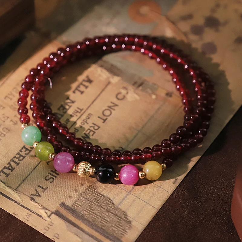 Garnet Colorful Natural Stone Three-Circle Bracelet Simple Luxury Design Bracelet for Women Banquet Women's Jewelry GB1338
