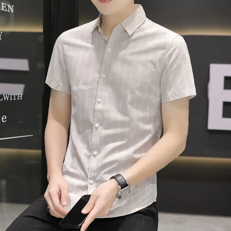 

Men's Formal Shirt Short Sleeve Striped Tops with Sleeves Male Shirts Collar Normal Summer Cotton Korean Popular Clothes New In