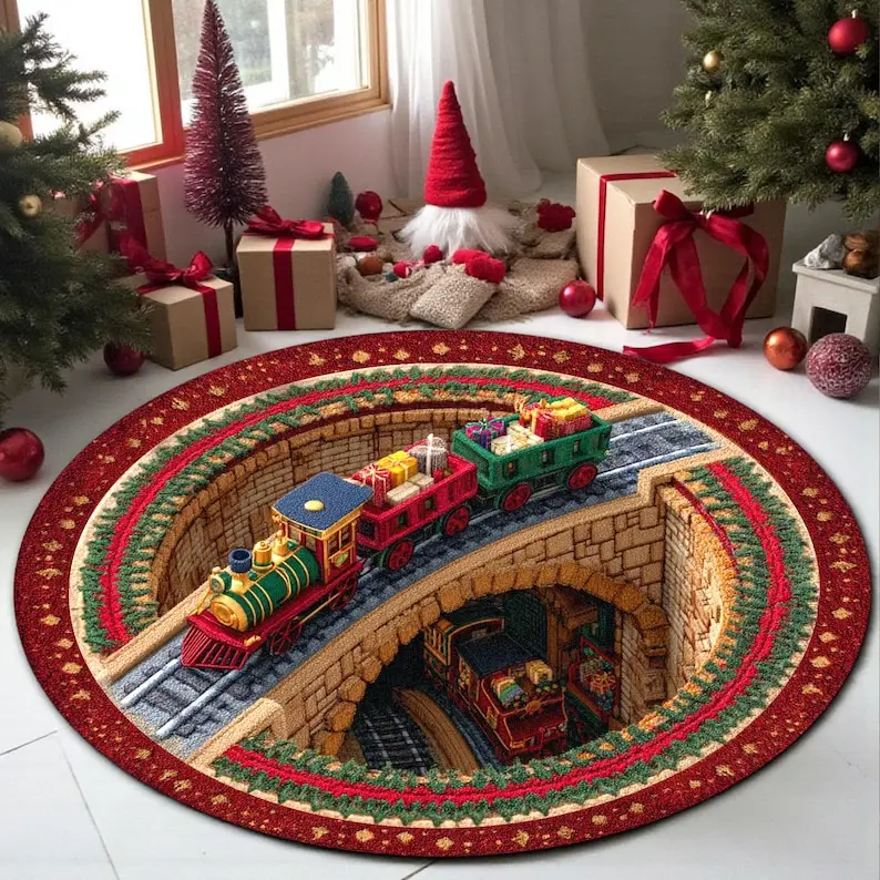 Round Christmas Train Doormat,Holiday Railway Carpet Festive Winter Floor Mat,Cozy Xmas Area Rug for Home Decor 2D flat printing