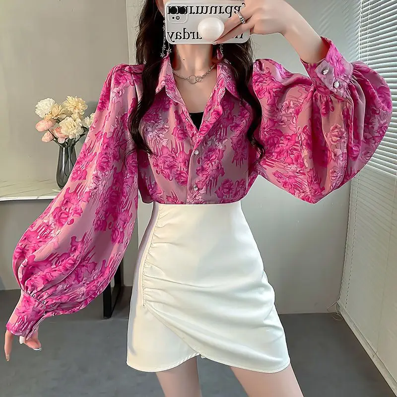 Ladies Temperament Printing Chiffon Turn-down Collar Lantern Sleeve Blouse Spring Korean Buttons Loose Cardigan Women\'s Shirt