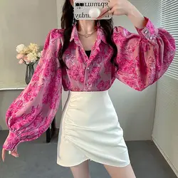 Ladies Temperament Printing Chiffon Turn-down Collar Lantern Sleeve Blouse Spring Korean Buttons Loose Cardigan Women's Shirt