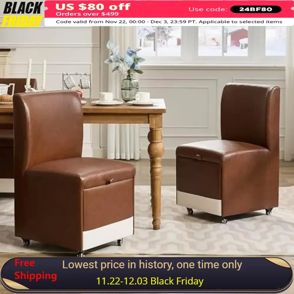 Dining Chair Set of 2 with Casters & Storage, Comfy Modern Rolling Brown Leather Armless Chairs, Upholstered Swivel Dining Chair