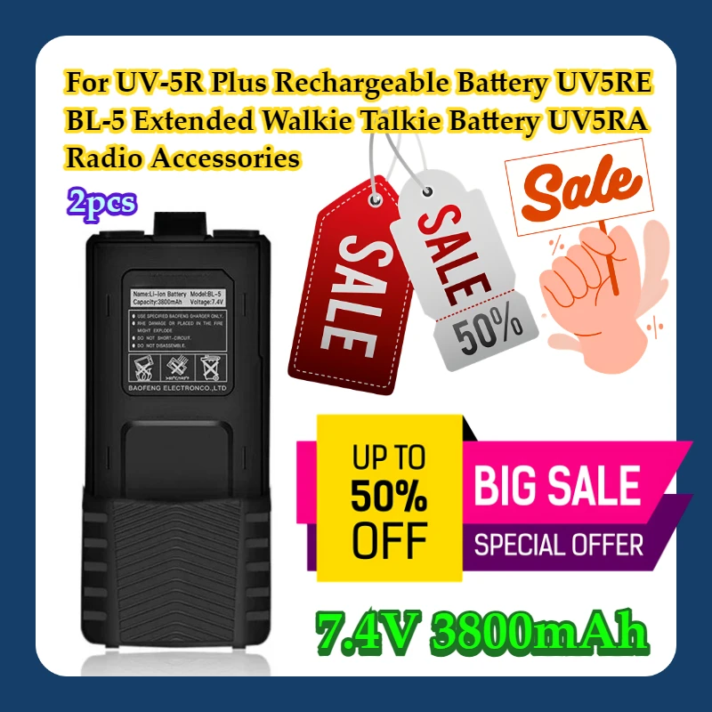 

2pcs For UV-5R Plus 7.4V 3800mAh Rechargeable Battery UV5RE BL-5 Extended Walkie Talkie Battery UV5RA Radio Accessories