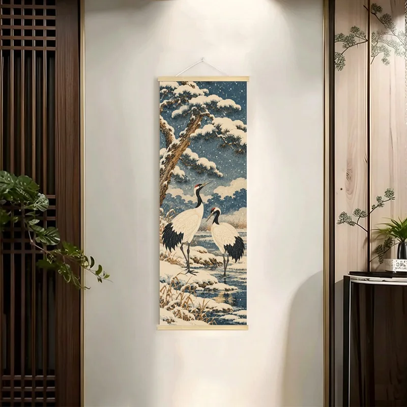 Japanese Ukiyo-e Hanging Scroll with White Cranes, Red Flowers and Snowy Branches in Soft Winter Colors for a Living Room