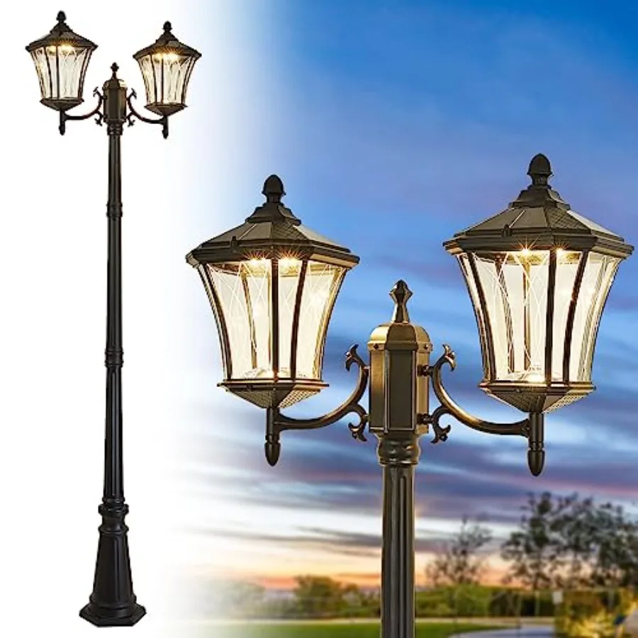 

2-Head Outdoor Solar Lamp Post Lights with Waterproof Dusk to Dawn Sensor Large Lantern Street Lights Modern Solar Column Pole