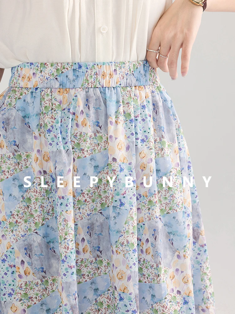 Elegant Floral A-Line Midi Skirt for Women High Waist Elastic Waist Summer Skirt French Style Lightweight Flowy Vacation Skirt