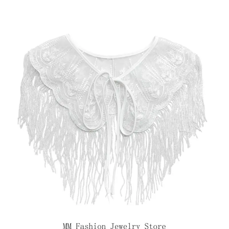 Front Tie Decorative Collar Shawl with Embroidered Mesh Fringe for Traditional Dress Styling and Formal Wear Use D0UB