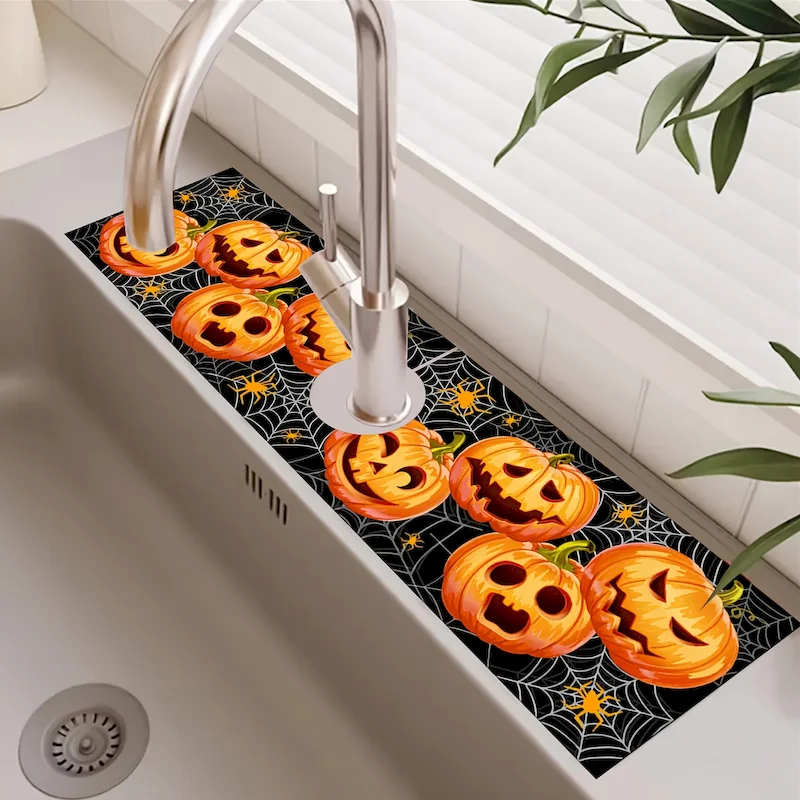 VIKAMA Halloween Pumpkin Printed Faucet Mat Quick Drying Non Slip Floor Mat Cute Splash Proof Floor Mat Home Decoration