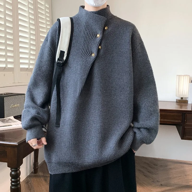 

Пуловер на осень и зиму, однотонный свитер с полуводолазкой и нерегулярными пуговицами, мужской корейский вязаный свитер, топ