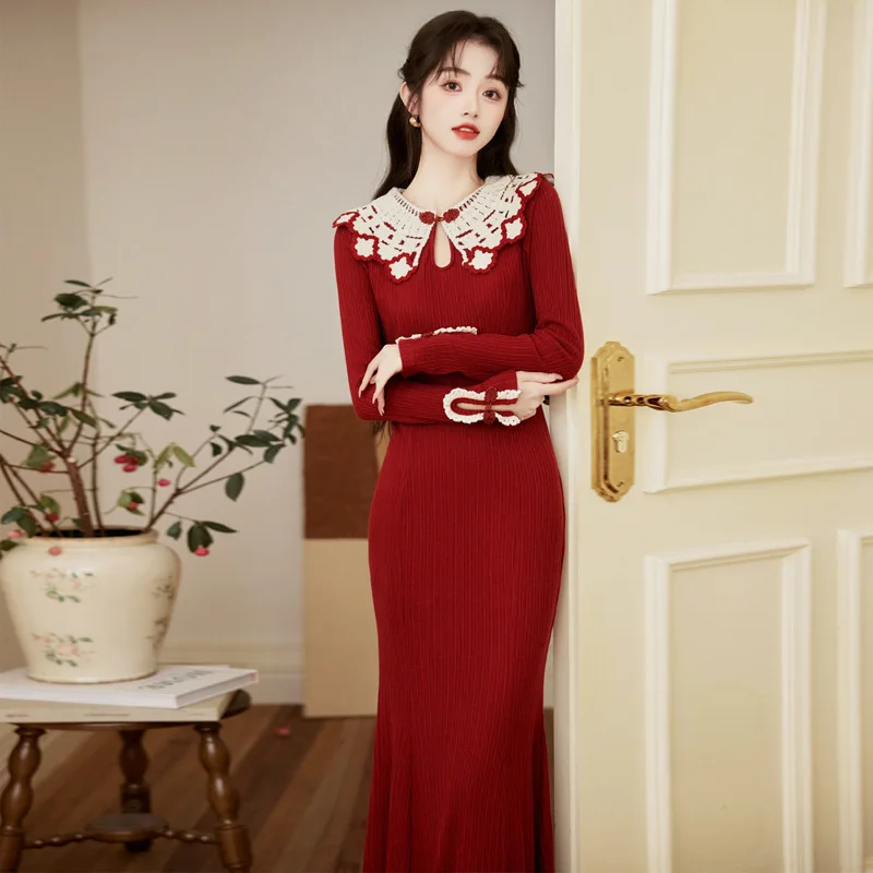 

New Style Young Girl Red Improved Cheongsam Knitted Sweater Dress Inner Layer Fishtail Long Dress Autumn Winter