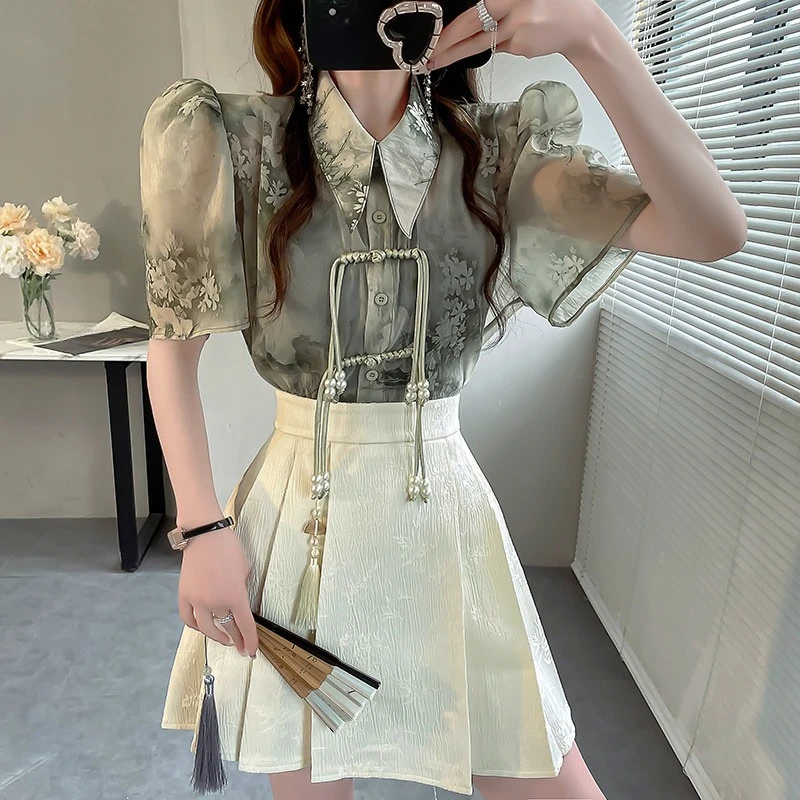 

Chinese Style Women's 2026 New Arrival Short Sleeve Shirt Chinese Knot Frog Buttons Chiffon Printed Unique Beautiful