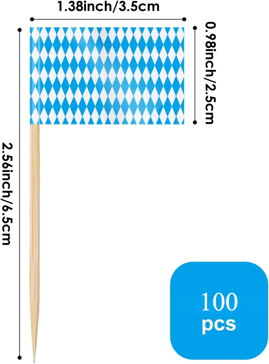 100 Stück blau-weiß karierte Zahnstocher-Flaggen – bayerische Oktoberfest-Cupcake-Topper, seitliche Party-Picks für Bier-Festival-Dekoration – Detail 2