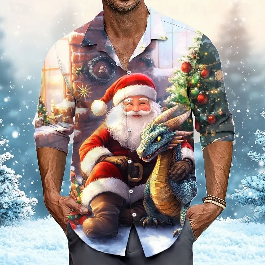 الرجال عيد الميلاد سانتا كلوز ديناصور قميص هاواي صيفي ثلاثية الأبعاد طباعة متعة زر حتى قميص بلوزة المرأة عادية عيد الميلاد حفلة عطلة #2