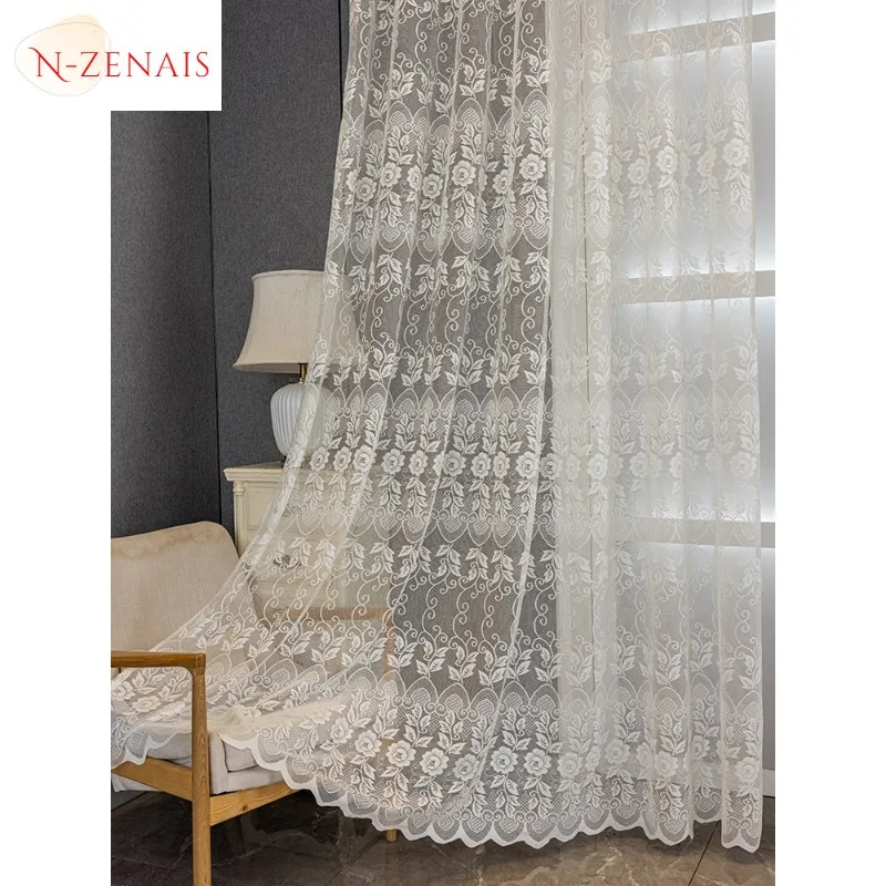 Custom Size European Style Embroidery and Thermally Insulated Luxury Villa Curtains for Living Dining Room Bedroom White Tulle