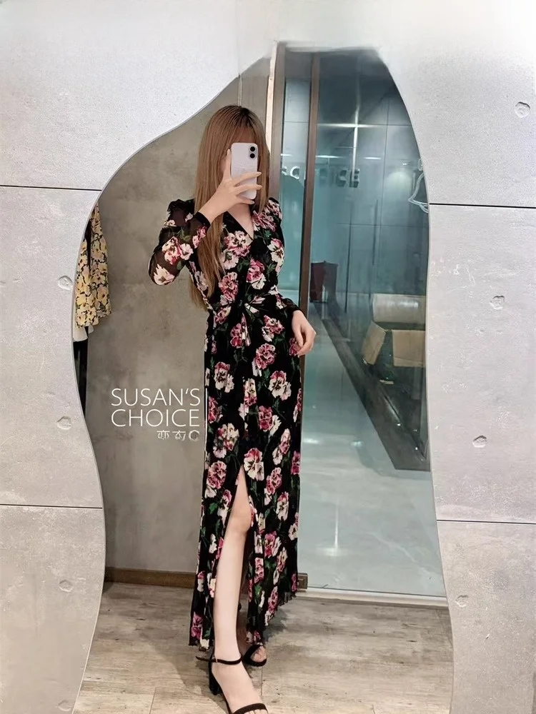 Romantic Floral Double-Sided Tulle Wrap Dr Women's Long Sve Knot Bodice Dr Faionable Ele Casual Sle