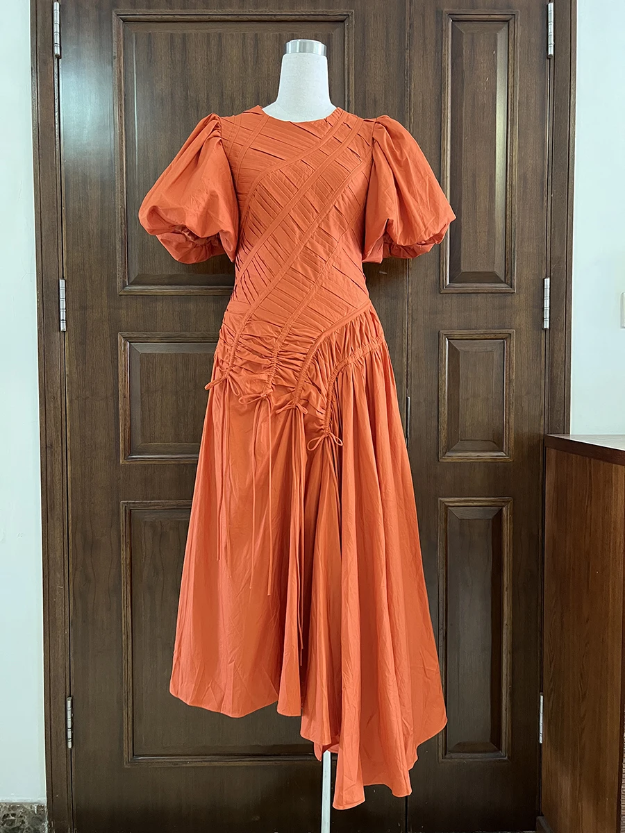 VGH Solid Spliced Drawstring Folds Designer Maxi Dress for Women O Neck Puff Sleeve High Waist Elegant Party Dresses Female New - Image 5