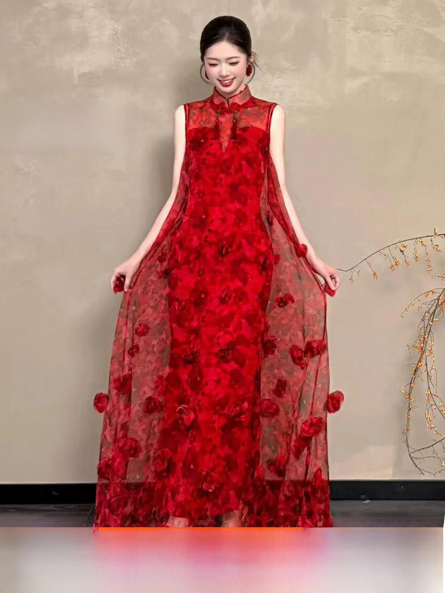 

New Chinese Style Morning Robe Women's Sleeveless High-End Red Flower Engagement Toasting Suit Vintage Return Home Ceremony D...