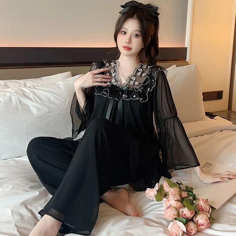 Sexy Lace Pajamas Chest Pads Women's New Spring Autumn Loungewear Long Sleeved Sleepwear Mesh Sweet Princess Style Homewear Set