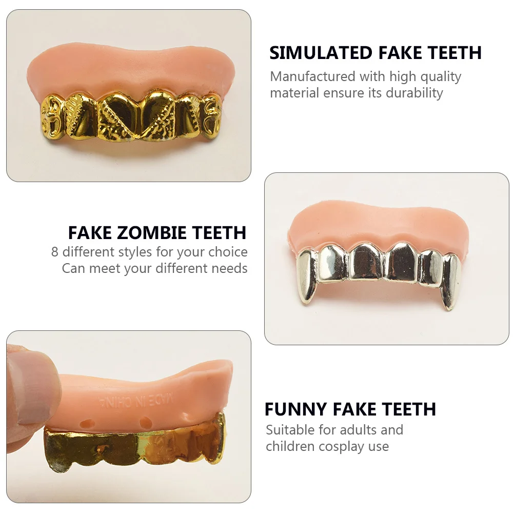 

8Pcs Fake Teeth Props Hip Hop Stage Performance Party Favors Shiny Plating Design Comfortable Fit for Halloween Costume