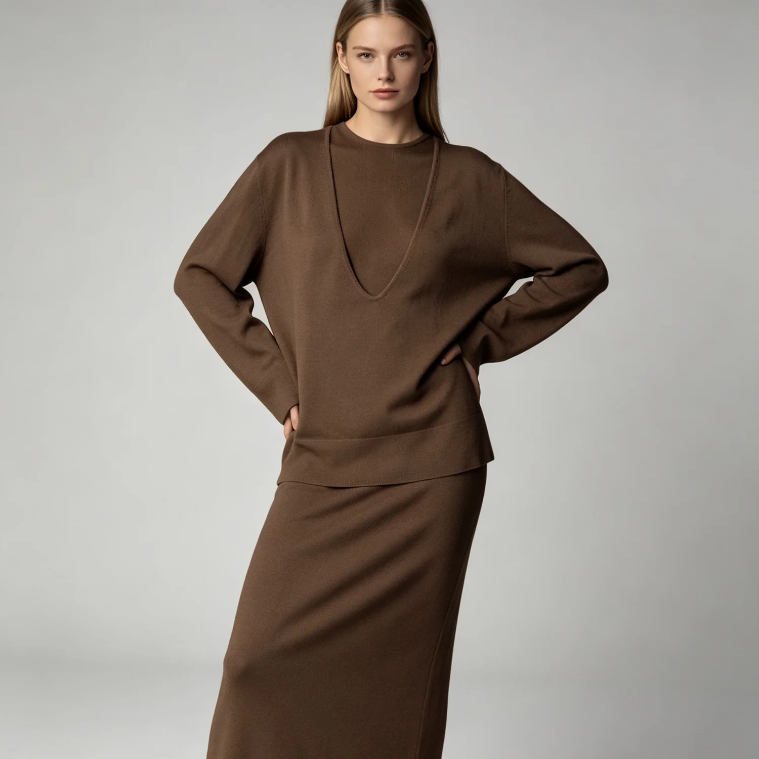 PUAL  2026 Brown Knit 2 Piece Set Women Double Layer Long Sleeve Top Maxi Skirt Elegant Soft Matching Outfit Daily Office Wear